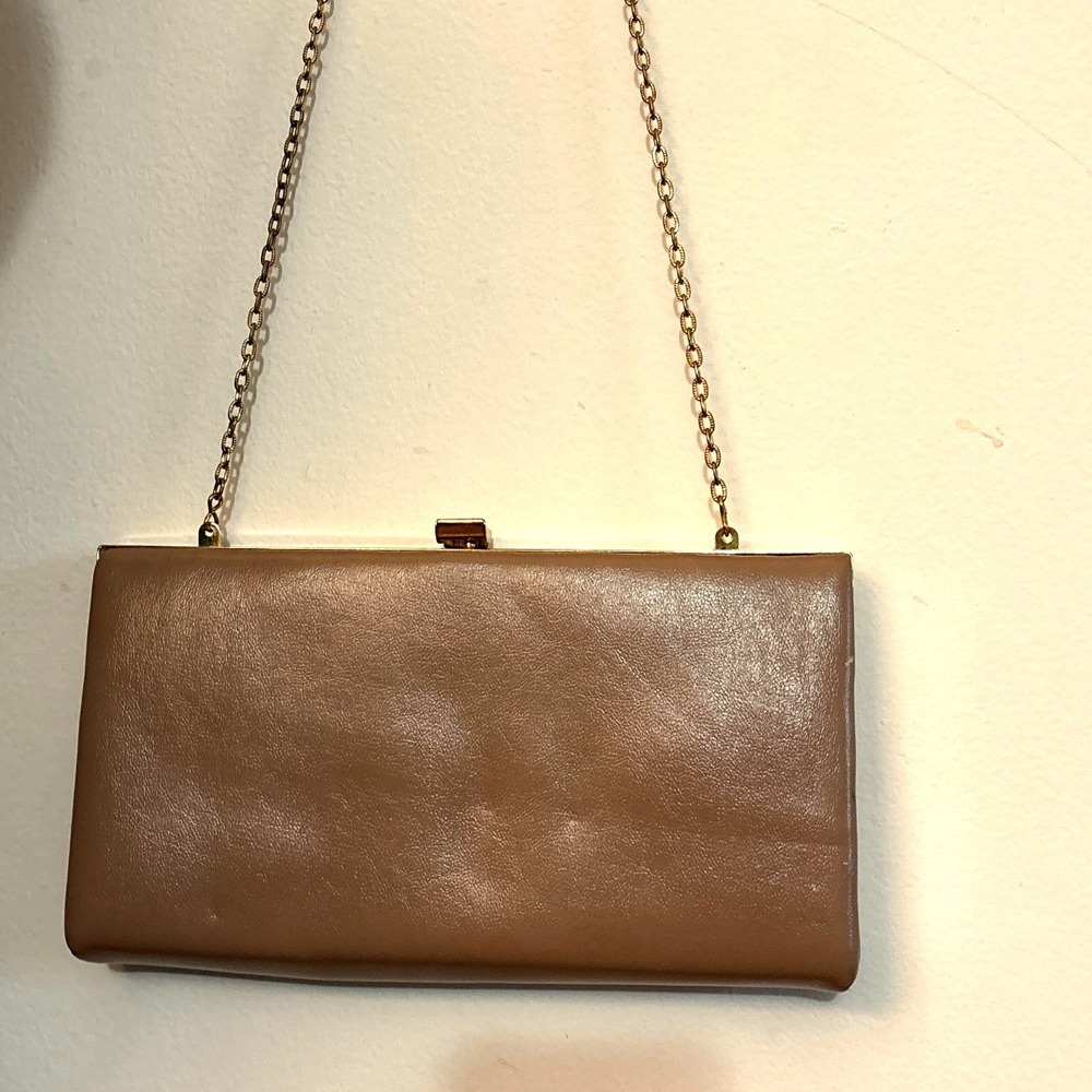 Vintage Harry Levine USA Tan Leather Frame Clutch Bag Gold Chain Strap